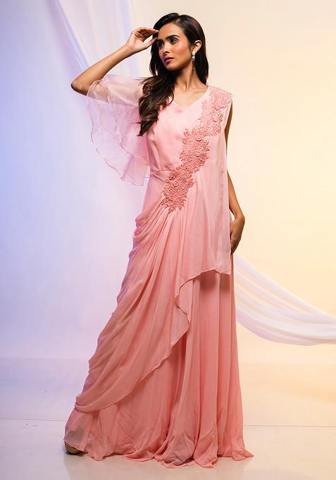 Peach Embroidered Georgette Pre-Draped Saree