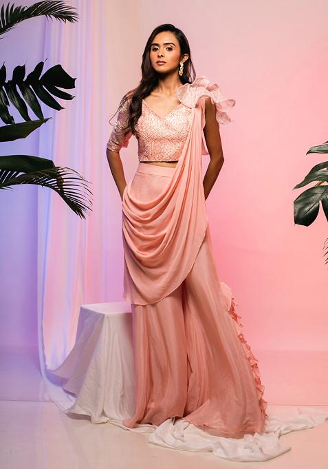 Peach Embroidered Georgette Pre-Draped Saree Set