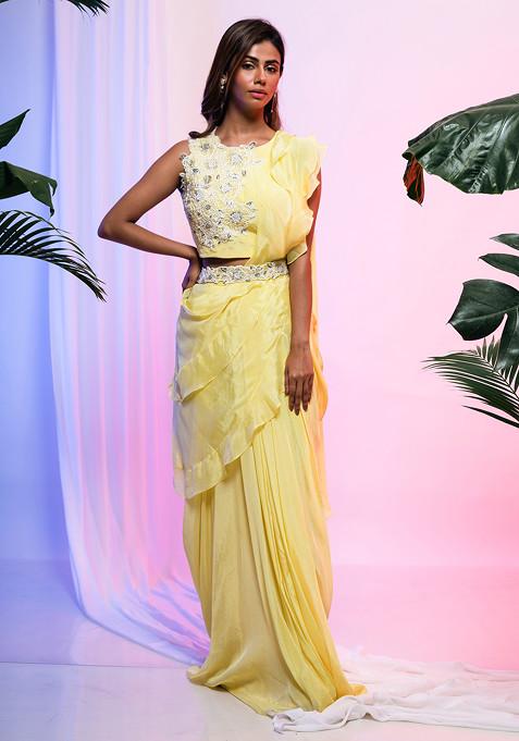 Yellow Embroidered Chinon Pre-Draped Saree Set