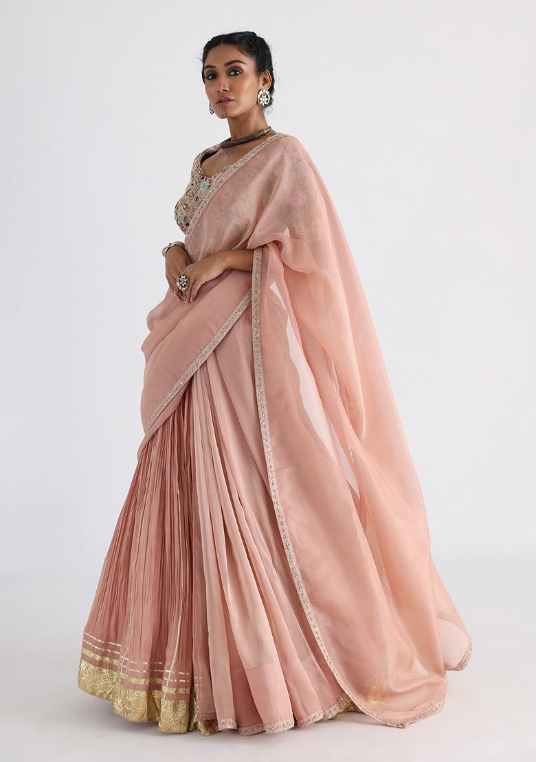 Peach Hand Embroidered Tissue Saree Set