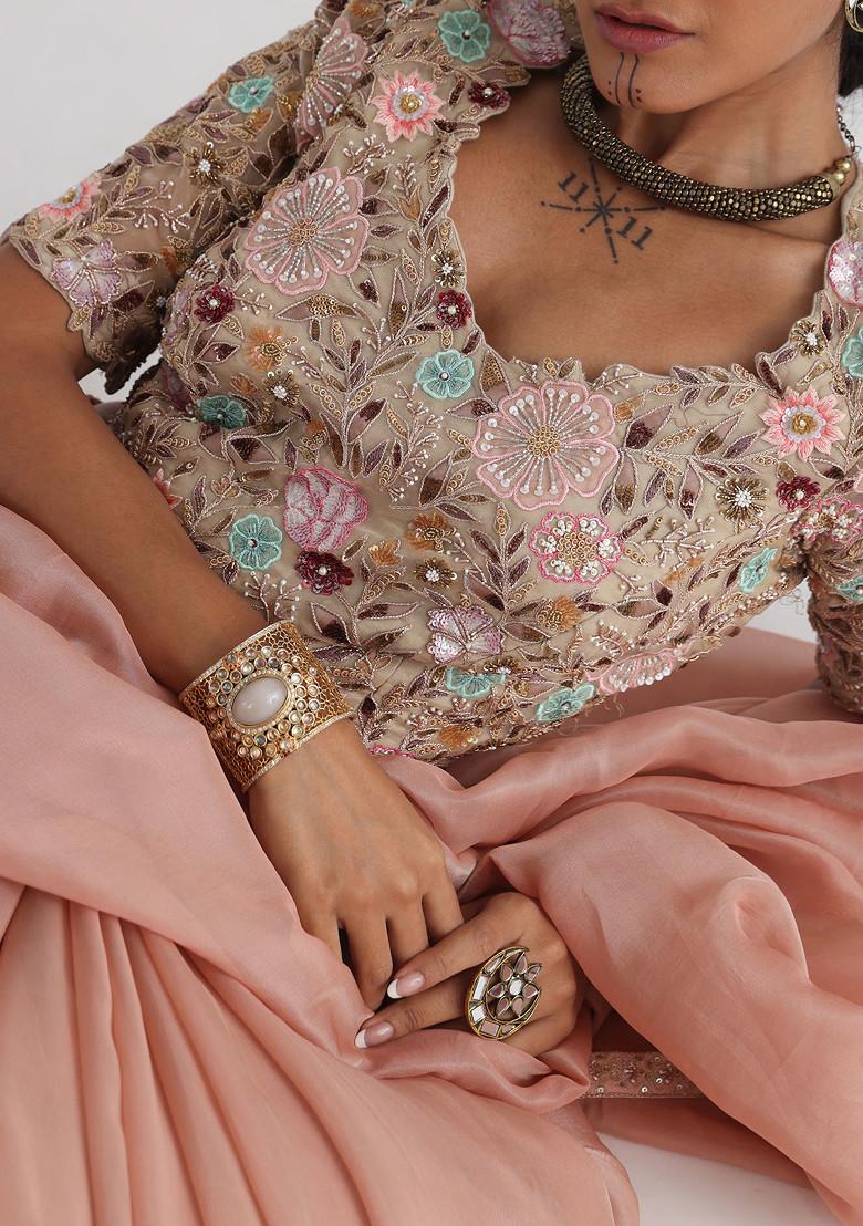 Peach Hand Embroidered Tissue Saree Set