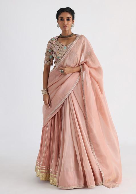 Peach Hand Embroidered Tissue Saree Set