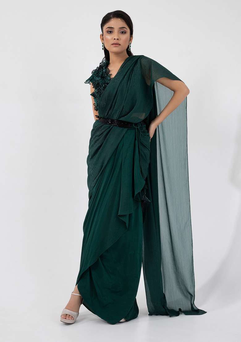 Dark Green Hand Embroidered Pre-Draped Saree Set - Indya