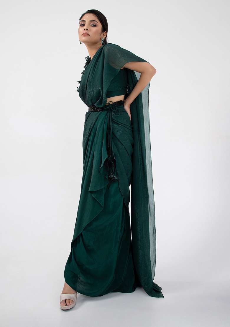 Dark Green Hand Embroidered Pre-Draped Saree Set - Indya