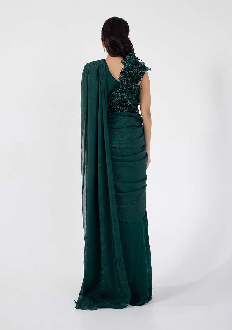 Dark Green Hand Embroidered Pre-Draped Saree Set - Indya