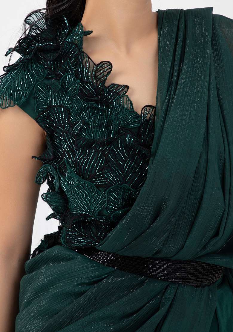 Dark Green Hand Embroidered Pre-Draped Saree Set - Indya