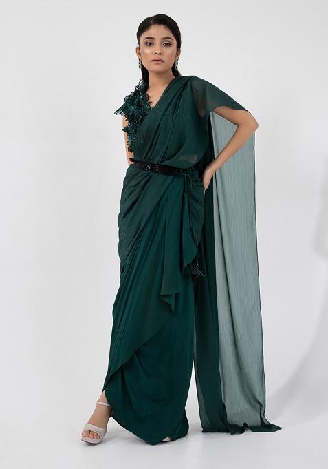 Dark Green Hand Embroidered Pre-Draped Saree Set