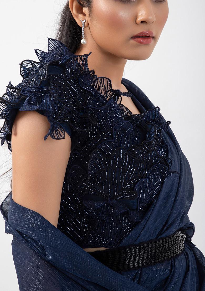 Navy Blue Hand Embroidered Pre-Stitch Saree Set - Indya