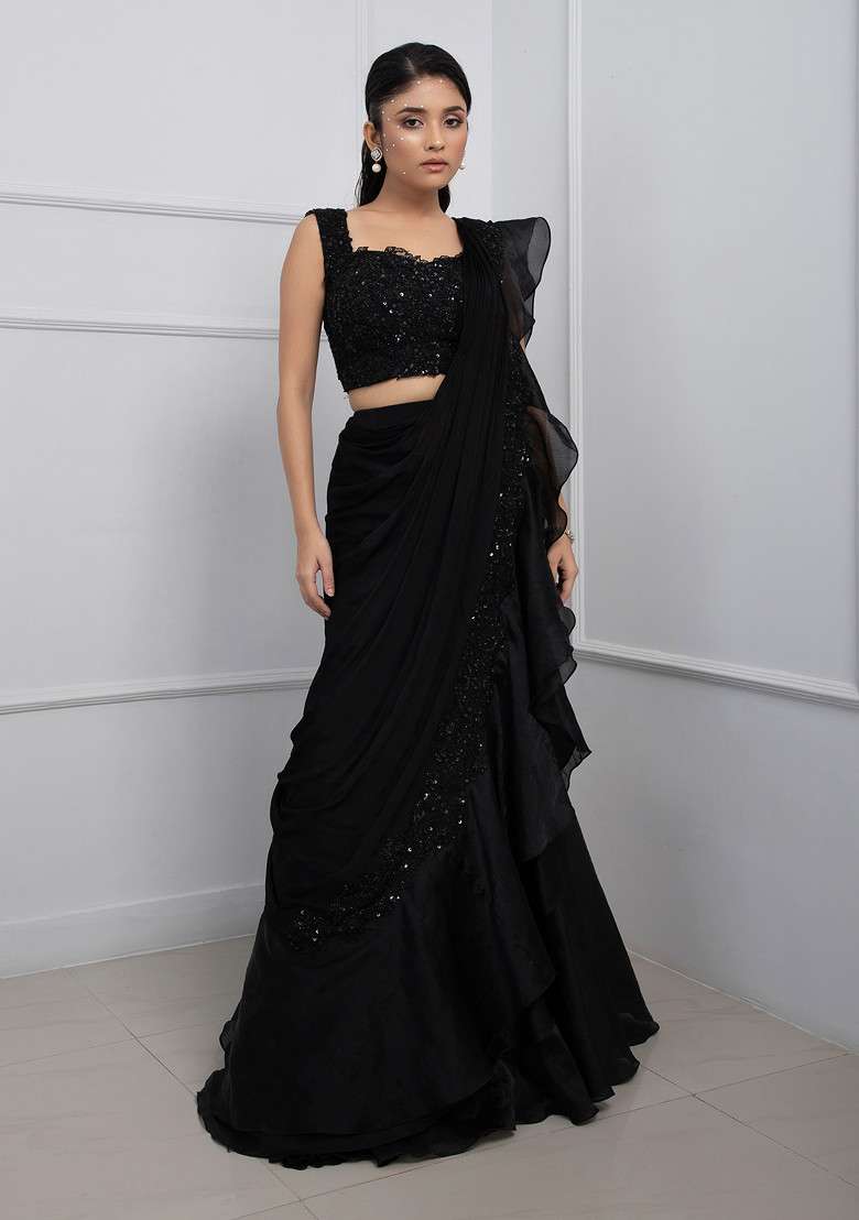 Black Hand Embroidered Chinon Taffeta Pre-Draped Saree Set - Indya