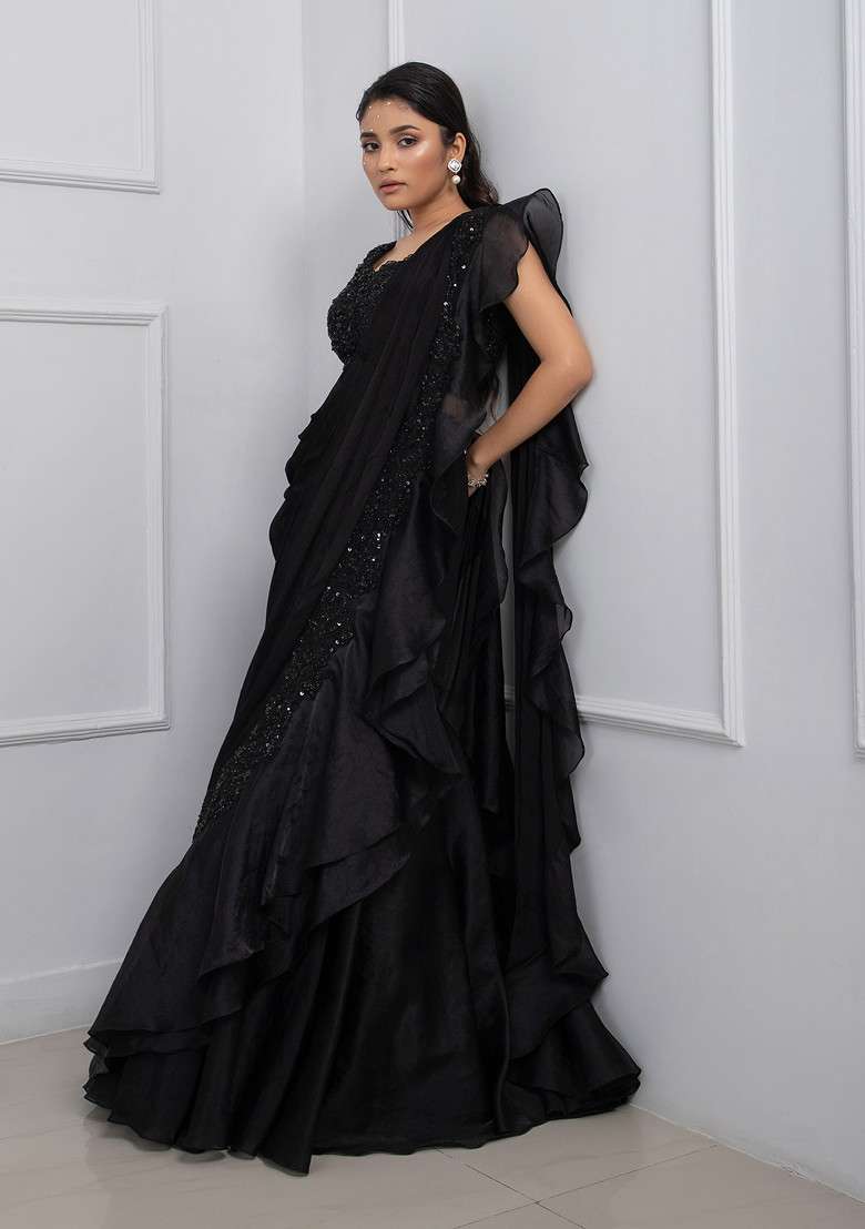 Black Hand Embroidered Chinon Taffeta Pre-Draped Saree Set - Indya