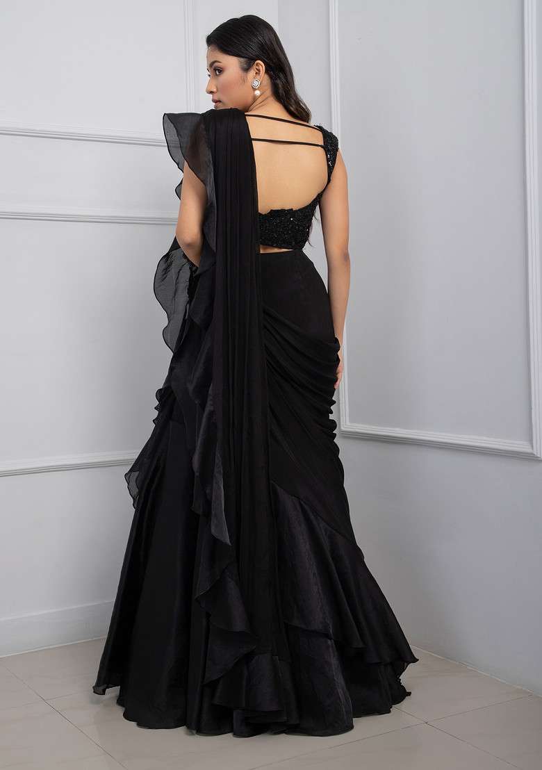 Black Hand Embroidered Chinon Taffeta Pre-Draped Saree Set - Indya