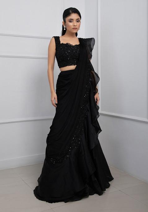 Black Hand Embroidered Chinon Taffeta Pre-Draped Saree Set