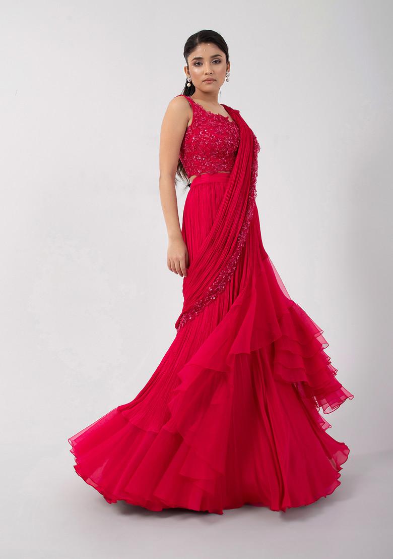 Blue Hand Embroidered Chinon Pre-Draped Saree Set - Indya