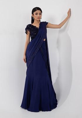 Blue Hand Embroidered Pre-Draped Saree Set