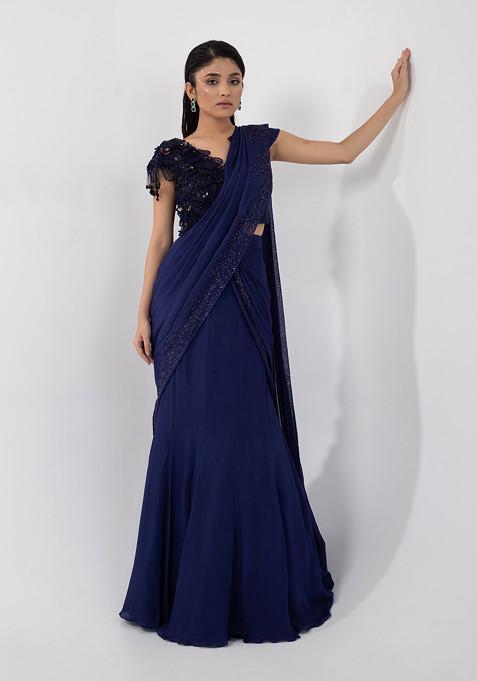 Blue Hand Embroidered Pre-Draped Saree Set