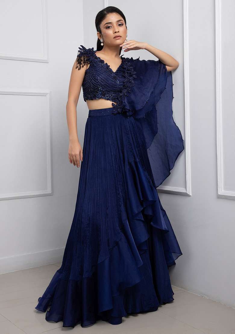 Blue Hand Embroidered Pre-Draped Chinon Taffeta Saree Set - Indya