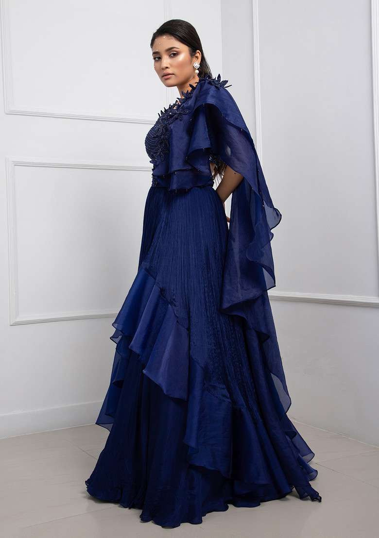 Blue Hand Embroidered Pre-Draped Chinon Taffeta Saree Set - Indya