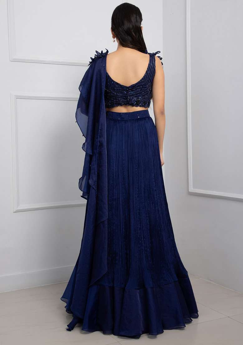 Blue Hand Embroidered Pre-Draped Chinon Taffeta Saree Set - Indya