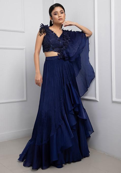 Blue Hand Embroidered Pre-Draped Chinon Taffeta Saree Set