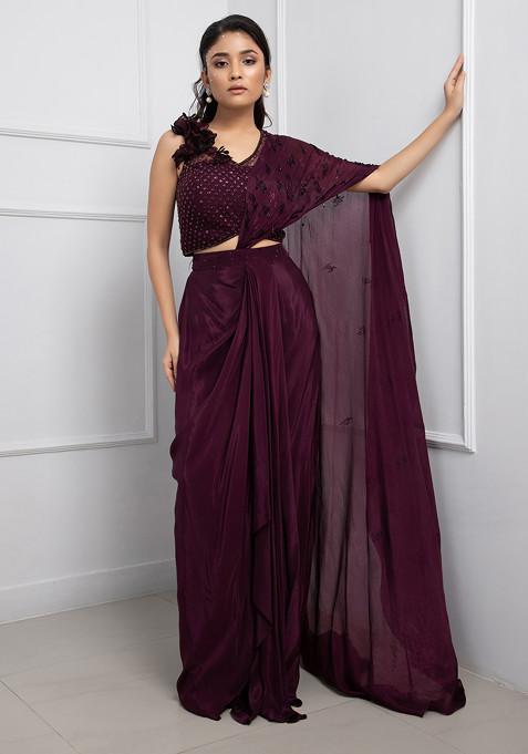 Purple Hand Embroidered Chinon Taffeta Crepe Pre-Draped Saree Set