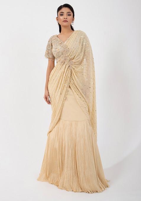 Golden Hand Embroidered Pre-Draped Saree Set