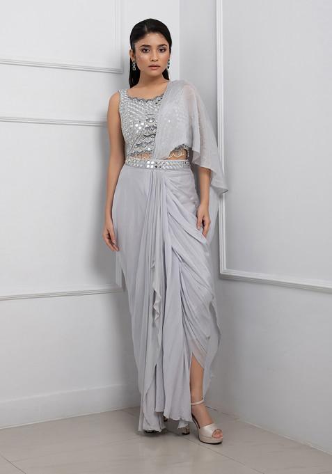 Grey Hand Embroidered Chinon Taffeta Pre-Draped Saree Set