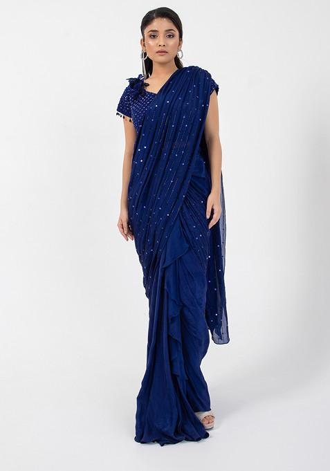 Blue Hand Embroidered Pre-Draped Saree Set