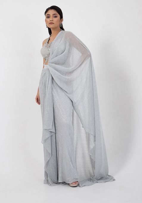 Grey Hand Embroidered Pre-Draped Saree Set