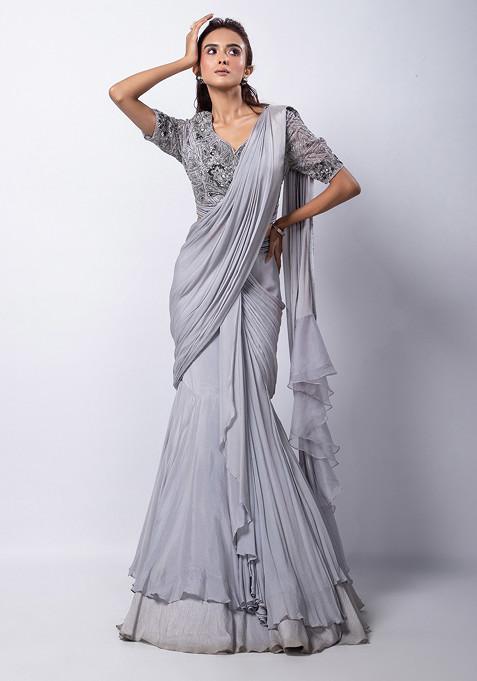 Grey Hand Embroidered Chinon Taffeta Lehenga Set