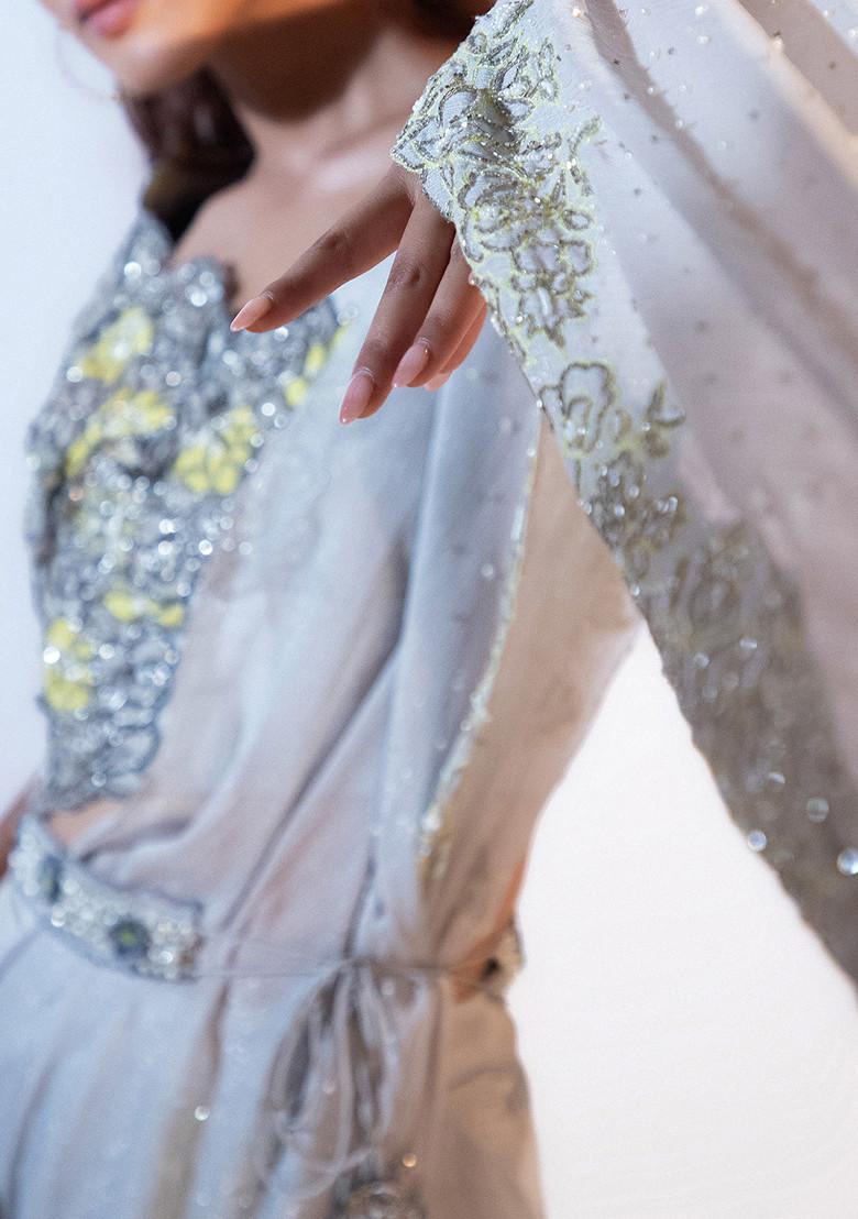 Grey Hand Embroidered Chinon Taffeta Pre-Drape Set - Indya