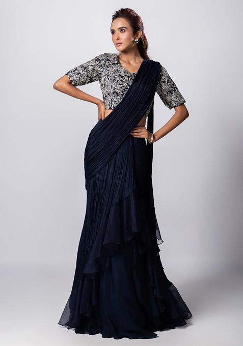 Navy Blue Hand Embroidered Pre-Draped Saree Set