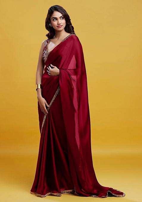 Maroon Foil Gota work Satin Georgette Saree Set