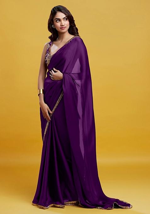 Purple Foil Gota work Satin Georgette Saree Set