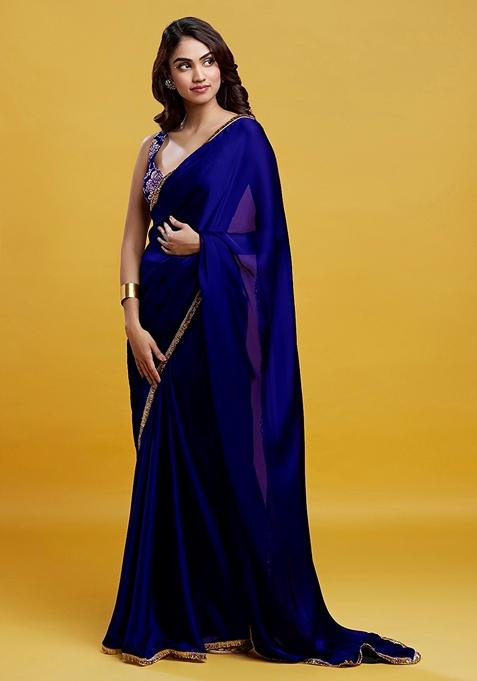 Navy Blue Foil Gota work Satin Georgette Saree Set