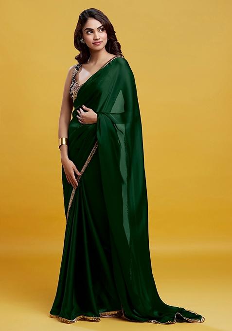 Emerald Green Foil Gota work Satin Georgette Saree Set