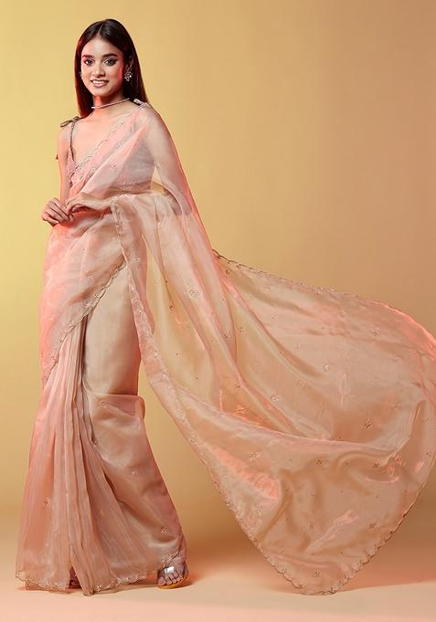 Golden Sequin Hand Embroidered Silk Organza Saree Set