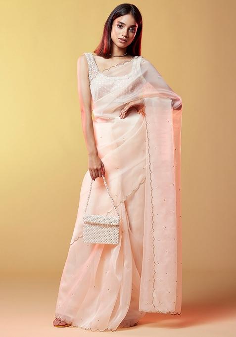 Blush Peach Sequin Hand Embroidered Silk Organza Saree Set