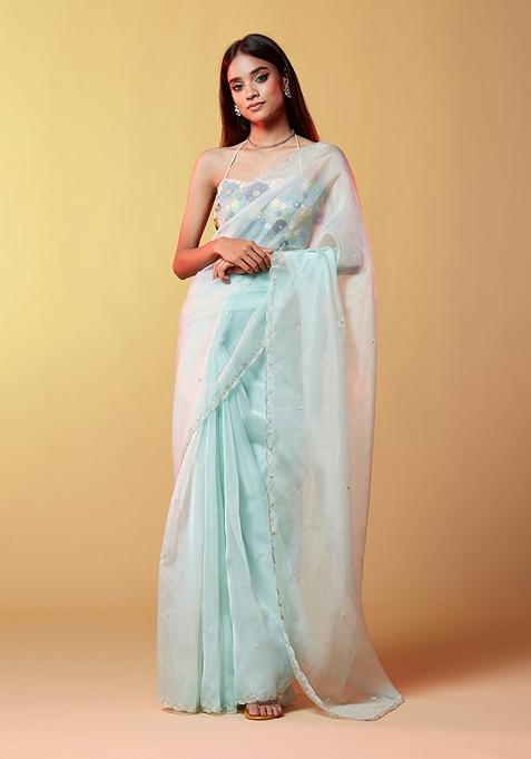 Blue Sequin Hand Embroidered Silk Organza Saree Set