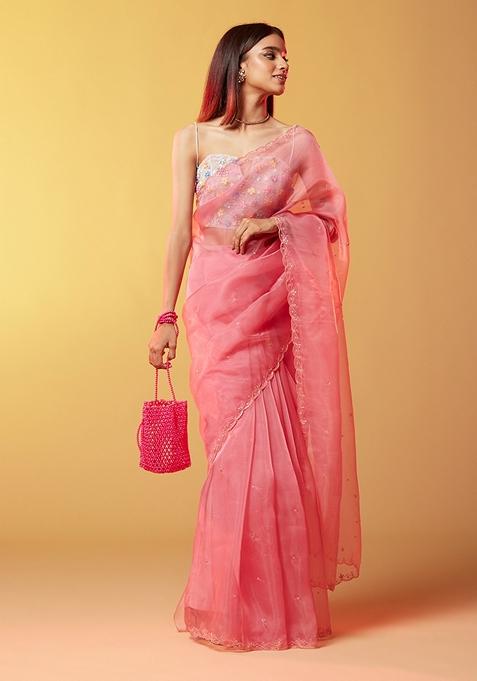 Pink Sequin Hand Embroidered Silk Organza Saree Set