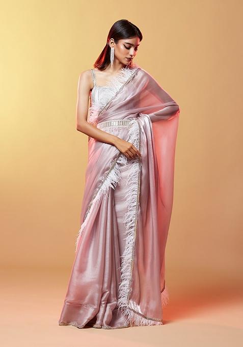 Lavender Zari Hand Embroidered Silk Organza Saree Set