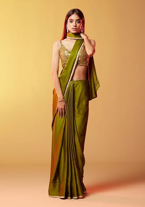 Olive Green Gota Work Silk Saree Set