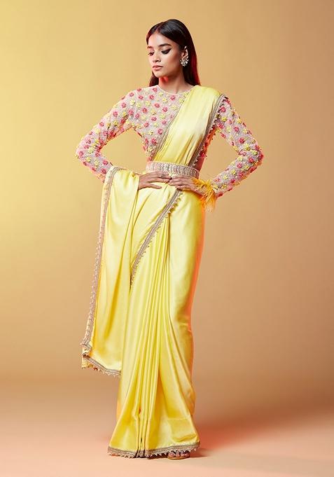 Lemon Yellow Gota Work Silk Saree Set