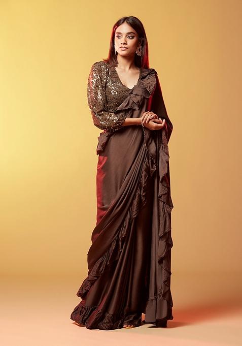 Dark Olive Green Embellished Silk Saree Set