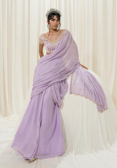 Lavender Embroidered Crepe Pre-Draped Saree Set