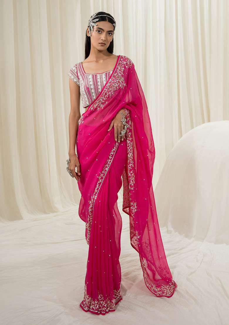 Pink Embroidered Crepe Saree Set - Indya