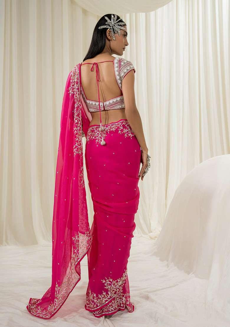 Pink Embroidered Crepe Saree Set - Indya