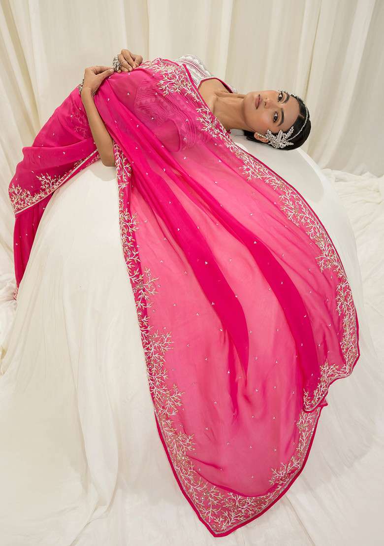 Pink Embroidered Crepe Saree Set - Indya