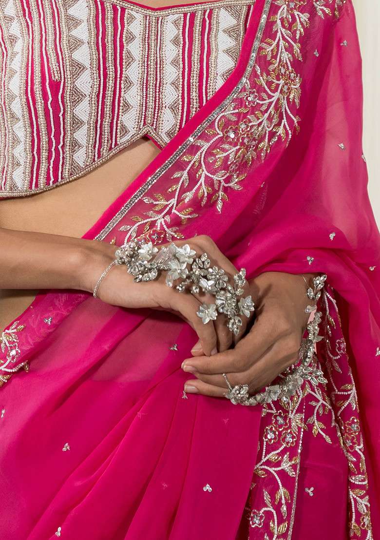 Pink Embroidered Crepe Saree Set - Indya