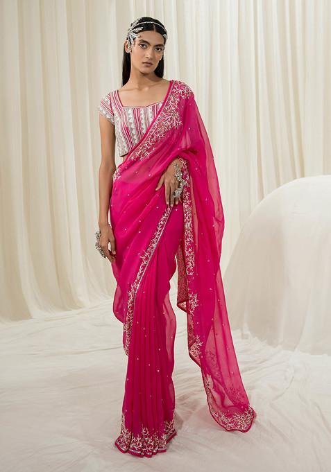 Pink Embroidered Crepe Saree Set