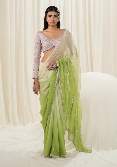 Off White And Parrot Green Embroidered Saree Set